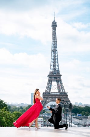 Romantic couple photoshoot near the Eiffel Tower at sunrise