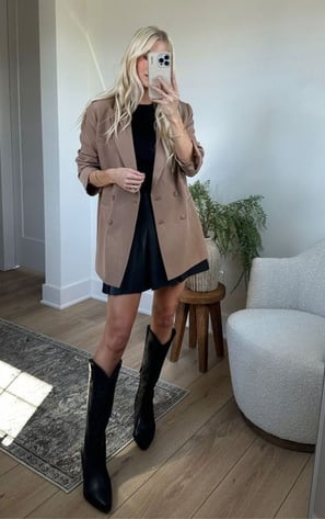 Blazer con vestido y botas altas