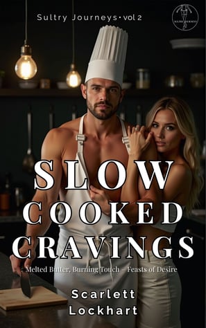 Shirtless chef and woman on cover of “Slow Cooked Cravings” by Scarlett Lockhart