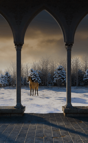 a horse in a snowy landscape with a palace arches in the foreground