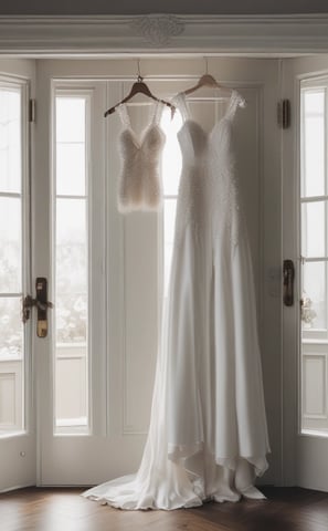 a wedding dress hanging on a door