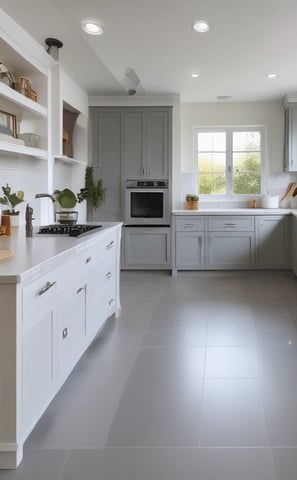 a kitchen with a large window and a sink