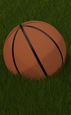 A 3D-rendered basketball resting on vibrant green grass, showcasing realistic textures and lighting.