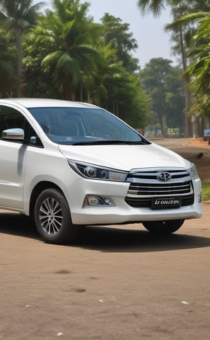 A light green camper van is parked on a dirt path in front of a rugged, rocky mountain landscape. The van has a boxy shape with windows and a roof vent, and it appears to be an older model with a retro design. The surrounding environment is arid, with sparse bushes and gravel.
