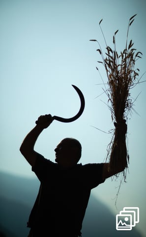 a man holding a large piece of hay with a knife in his hand