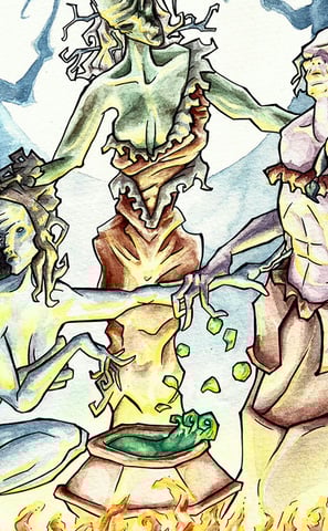 A watercolour illustration in green and blue hues depicting Shakespere's witches around a cauldron