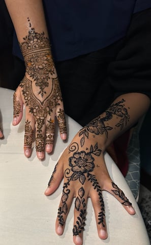 two hands rest next to each other on a table with intricate designs on them, one henna and one jagua