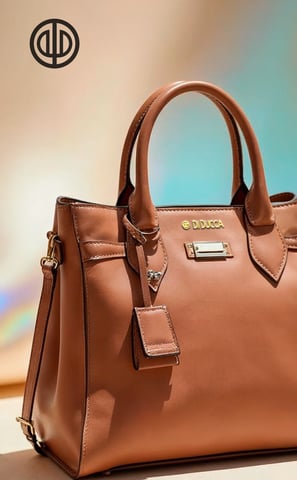 Fotografia de bolsa de couro marrom com iluminação sofisticada, representando branding da Di Ducca