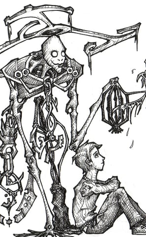 Pen crosshatch fantasy illustration of a young boy and a guardian skeletal demon