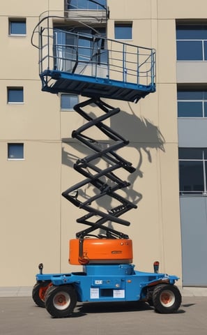A large boom lift truck is parked on a city street next to a tall building. The truck has its arm extended with a platform at the end. Several orange traffic cones surround the vehicle, indicating an area of work or caution. Two workers appear to be standing on the platform of the boom lift, engaged in some sort of maintenance or construction activity.