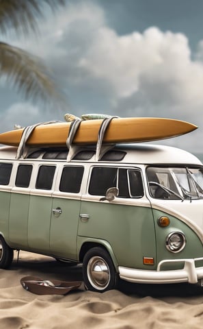 a van parked on the beach with a surfboard