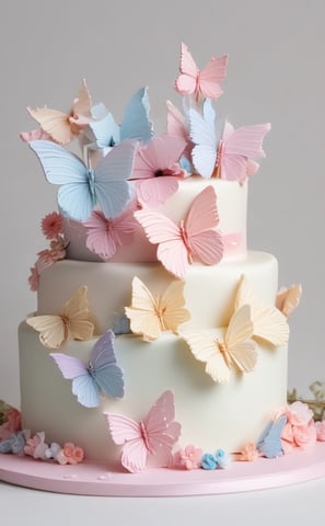 Cake with 'Wild One' topper displayed on a wooden stand. The cake features a design with green, white, and beige colors. To the right, there are two boxes with a nature-inspired pattern, and to the left, a woven basket. Green leafy decorations hang in the background.