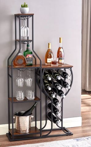 a wine rack with wine glasses and bottles