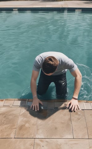 A swimming pool with clear, rippling water reflecting the light. At the bottom, a large, abstract design is visible, featuring a combination of green and aqua hues against a red-tiled background.