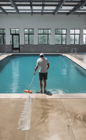 A swimming pool with clear, rippling water reflecting the light. At the bottom, a large, abstract design is visible, featuring a combination of green and aqua hues against a red-tiled background.