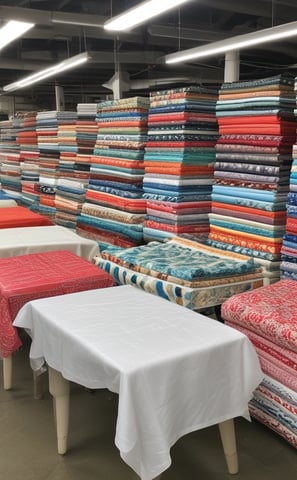 A collection of vibrant woven textiles is displayed on a black rack, each featuring intricate geometric patterns in red, yellow, and various colors. The textiles appear handcrafted with traditional designs, surrounded by a decorative frame with gold accents.