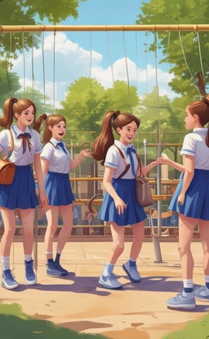 A group of children stands indoors, with some raising their hands and smiling. The wall behind them is decorated with colorful posters and what appear to be photographs. A framed Arabic script is displayed at the top, and school uniform elements can be seen on the right.