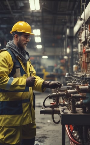 A group of workers wearing yellow safety helmets and reflective vests engage in industrial activities inside a factory setting. Some are observing while others are actively operating machinery as a large piece of equipment is lifted by mechanical hoists.