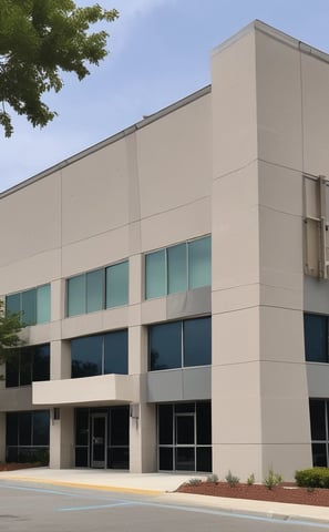 A building entrance with a door and windows is visible. Above the door, there is a sloped roof with the word 'FITNESS' written on it in white letters. An air conditioning unit is mounted next to the door. Leaves are scattered on the ground, and tree branches with leaves hang over the roof.
