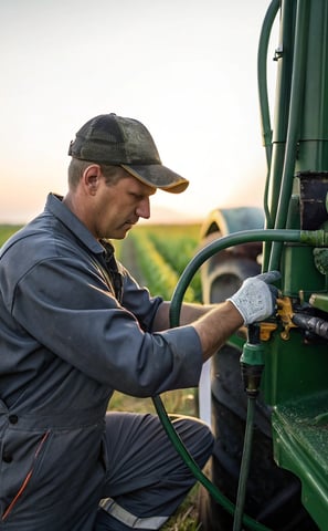 Hydraulic hose repair on a farm tractor in agricultural field
