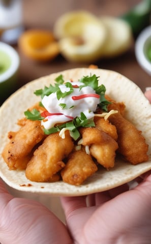 A close-up of a hand holding a taco with vibrant ingredients such as meat, tomatoes, and lettuce. The background is blurred, showing a crowd of people at an outdoor event or festival.