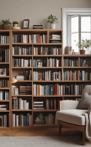 A well-organized room featuring a large white bookshelf filled with books of various sizes and colors. To the left, a white sofa is placed against the wall. A small black side table with red storage boxes sits beside the sofa. The floor is light-colored wood, and the room has a minimalistic and tidy appearance.