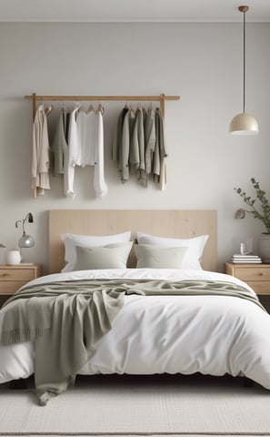 A metal grid wall organizer with shelves and baskets holds various objects. A hanging beige tote bag reads 'GRANIT'. A small potted plant is set on one of the shelves, and a wall-mounted reading lamp with a white shade illuminates the area. Printed materials lie on the bottom shelf with a green leafy plant next to them.