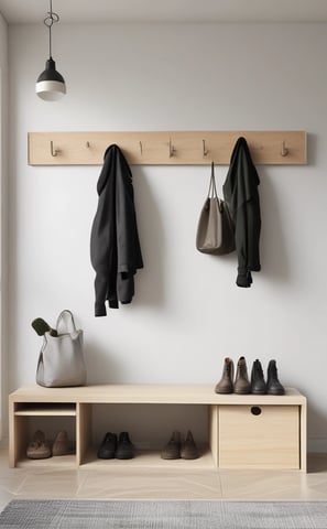 A neatly organized shelf displays a variety of wooden and woven kitchen and home decor items. The arrangement includes baskets, bowls, utensils, and decorative bags, surrounded by natural elements like leafy plants. The ambiance gives off a rustic and earthy feel.