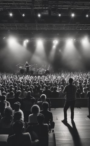 A black and white mural depicts a person with closed eyes singing passionately into a microphone. The person wears headphones and has light-colored hair. The background includes a crowd of people, suggesting a concert or performance setting. The image is artistically stylized, creating a dramatic and energetic atmosphere.