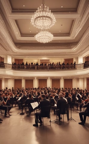 A modern music room with various drums and musical instruments set on a stage. The space features colorful, round seating stools scattered across a wooden floor, and circular acoustic panels hanging from the ceiling. Natural light filters through large windows in the background.