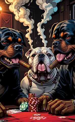Pets Poker party. Three dogs sitting around a table playing poker and smoking cigars.