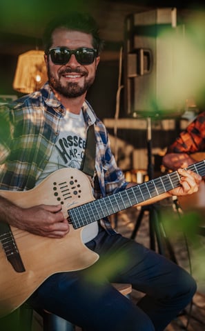 a man with sunglasses and sunglasses is playing guitar