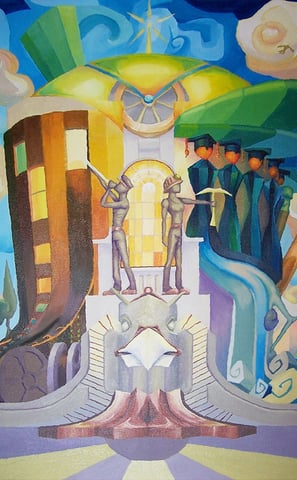Acrylic painting in the style of constructivism depicting buildings from Barnsley in Yorkshire
