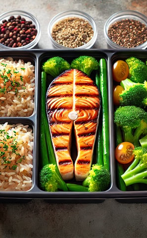 Salmon & Brown Rice Meal Prep: perfectly cooked salmon, brown rice, and steamed broccoli for a delic