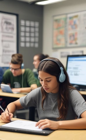 A classroom scene where a student seated at a desk is using a tablet with an external keyboard. The student is wearing headphones. In the background, other students are also using tablets and working at their desks. The classroom has educational posters on the walls and a whiteboard at the front.