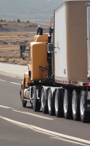 A large flatbed truck is driving down a highway, carrying a long, red industrial component. The sky is bright with scattered clouds, and tall trees line the side of the road. Several cars are also visible on the highway.