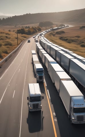 A long line of trucks is parked on a highway. The road stretches into the distance, bordered by rolling hills covered with green vegetation. The sky is cloudy, suggesting overcast weather. One truck is prominently visible with the branding 'euroberry' on its side.