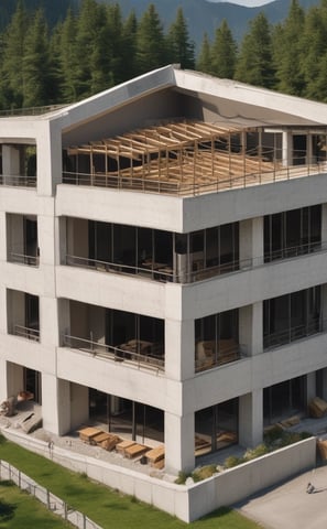 A modern multi-story glass building with balconies extends along an urban street, displaying a sign about upcoming condominium availability. Several people are walking on the adjacent sidewalk, some with dogs, and new construction seems underway. The sky is partly cloudy, and surrounding buildings indicate a dense city setting.