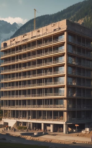 A tall, modern skyscraper with a sleek, geometric design features numerous windows and balconies. The foreground displays a sign advertising luxury penthouse suites with information on sales and rentals. Several small trees and flagpoles are lined up on the terrace, adding a touch of greenery to the urban setting.