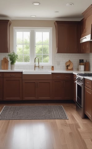 a kitchen with a large window and a stove