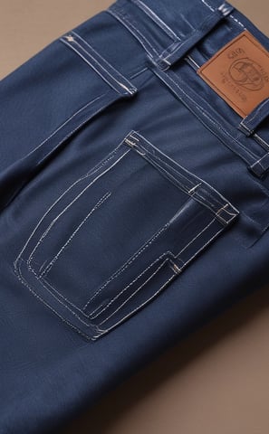 Close-up view of blue denim fabric with a focus on a pocket that features a red logo tag. Copper rivets are visible, highlighting the stitching and texture of the material.