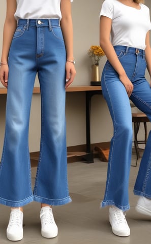 Stacks of jeans organized by fit type are displayed on shelves. Labels indicate styles such as 'Skinny Fit' and 'Slim Fit.' An illuminated 'DENIM' sign is prominently positioned above the display. A poster featuring models wearing various styles of denim is featured on the right side of the display.