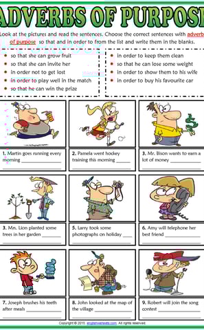 adverbs of purpose esl matching exercise worksheet