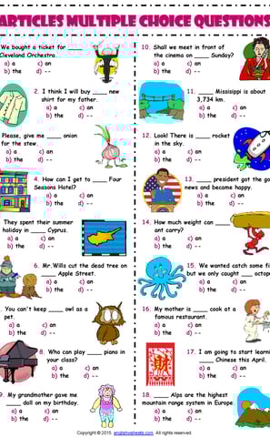 articles esl multiple choice exercise worksheet for kids