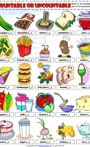 countables and uncountables food drinks picture worksheet