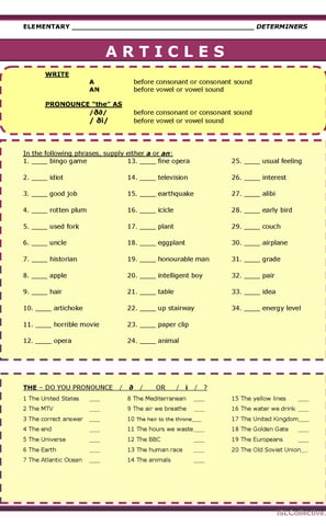 DEFINITE AND INDEFINITE ARTICLES WORKSHEET