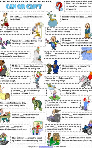 Expressing ability or inability modal verbs can or cant worksheet