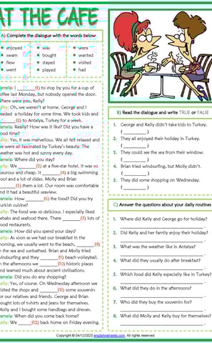 past simple esl dialogue at the cafe exercises worksheet