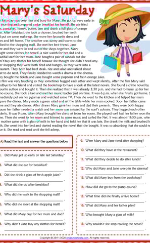 past simple marys saturday esl reading comprehension questions worksheet