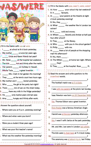 past simple tense was were esl printable grammar test worksheet